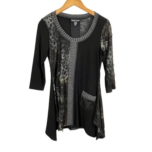 Frank Lyman Tunic Animal Print Black 3/4 Sleeve Distressed Wearable Art Size‎ 8 - Picture 1 of 10